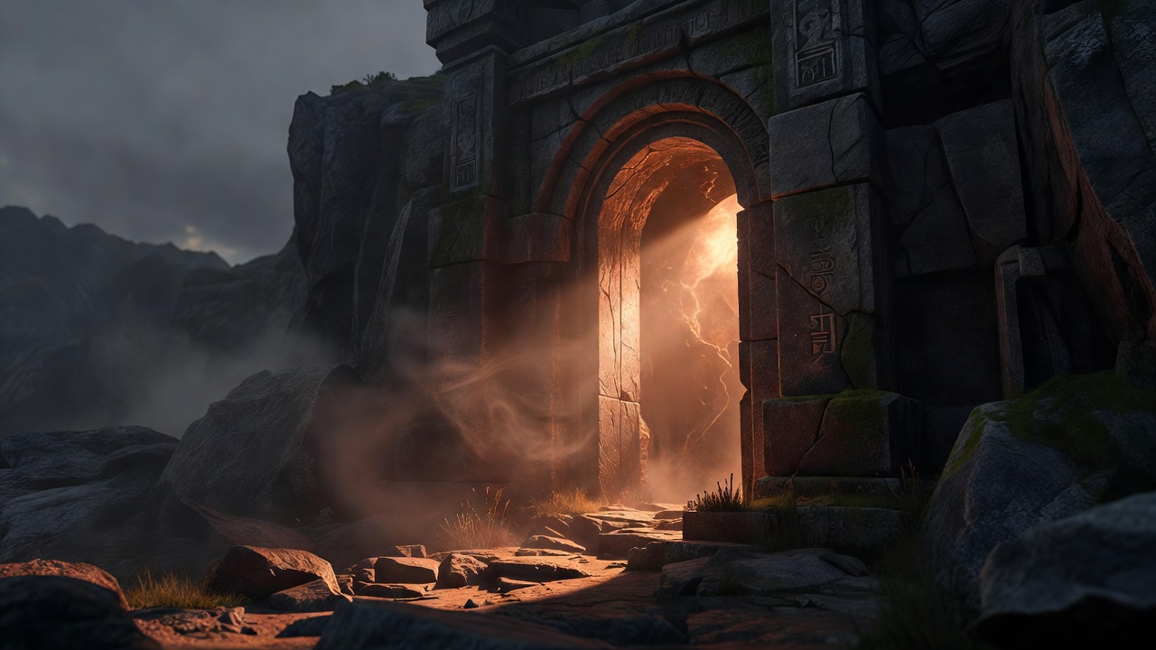 Ancient fantasy stone gateway glowing with warm copper light
